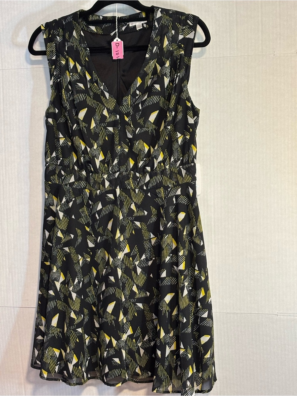 Sleeveless V-Neck Black Midi Dress with Yellow & Cream Abstract Print